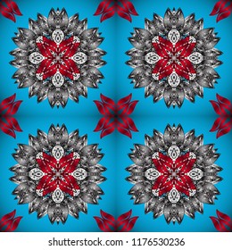 Seamless pattern with flowers. Blue, gray and red colors. Mandala vector floral flower oriental coloring book page outline template carpet.