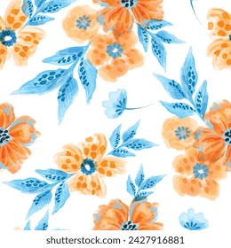 Seamless pattern with flowers in blue and orange colors. Poppy pink flowers background. Vector floral illustration. watercolor textile flowers design