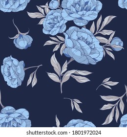 Seamless Pattern With Flowers Of Blue Peonies, With Gray Leaves On A Dark Blue Background. Vector Illustration