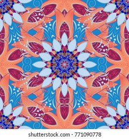 Seamless pattern with flowers. Blue, pink and purple colors. Mandala vector floral flower oriental coloring book page outline template carpet.