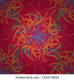 Seamless pattern of flowers in a blue, red and orange colors. Imitation embroidery. Vector textile print template fashion paisley field wallpaper art.