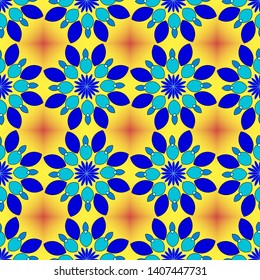 Seamless pattern of flowers in blue tones on a bright warm background