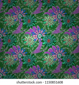 Seamless pattern of flowers in a blue, violet and green colors. Imitation embroidery. Vector textile print template fashion paisley field wallpaper art.