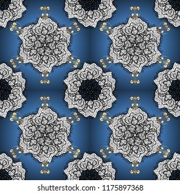 Seamless pattern with flowers. Blue, white and black colors. Mandala vector floral flower oriental coloring book page outline template carpet.