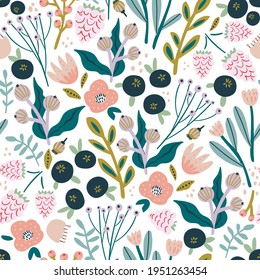 Seamless Pattern With Flowers, Blueberry And Leaves, Rasberry. Creative Hight Detailed Floral Texture. Great For Fabric, Textile Vector Illustration