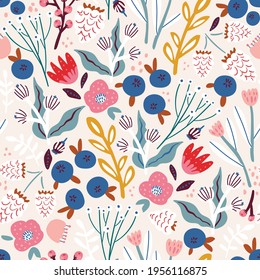 Seamless Pattern With Flowers, Blueberry And Leaves, Rasberry, Butterfly. Creative Hight Detailed Floral Texture. Great For Fabric, Textile Vector Illustration