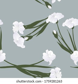 Seamless pattern with flowers, blue-white buds and green leaves of iris flowers in bouquets on a blue background.