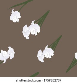 Seamless pattern with flowers, blue-white buds and green leaves of iris flowers in bouquets on a dark background.