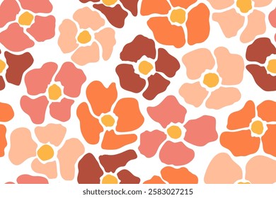 Seamless pattern of flowers in boho style. Botanical background of primitive flower shapes. Fashionable print for textile, wallpaper, cover, banner