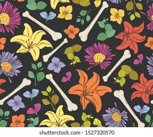 Seamless pattern with flowers and bones for the Day of the Dead