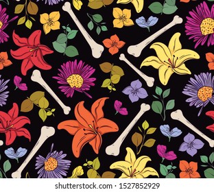 Seamless pattern with flowers and bones for the Day of the Dead