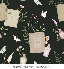 Seamless pattern with flowers, books and magic bottles