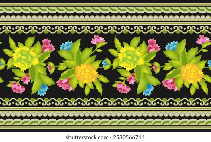 Seamless pattern with flowers and borders. Clipping mask is applied.