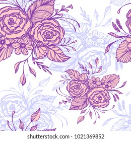 Seamless pattern with flowers bouquet   in pink lilac on white in retro style for decoupage or for wallpaper or textile or  for decoration package of cosmetic perfume shampoo soap