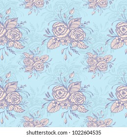 Seamless pattern with flowers bouquet   in pink on blue in retro style for decoupage or for wallpaper or textile or  for decoration package of cosmetic perfume shampoo soap