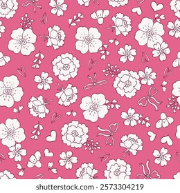 Seamless pattern with flowers, bows and ribbons. Digital paper in modern vintage coquette style for textile, fabric, wallpaper, scrapbook, card templates