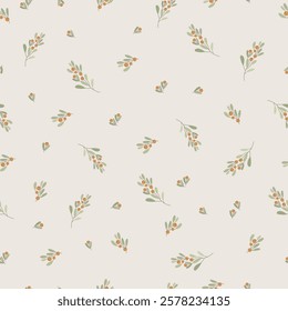 Seamless pattern with flowers. A branch with berries and leaves. Surface design for gift paper, wallpaper, web page background, greeting cards, textile.