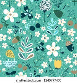 Seamless Pattern with Flowers, Branch, Leaves, Acorn and Forest Insects and Flies. Creative Floral Texture. Great for Fabric, Textile, Wallpaper. Vector Illustration
