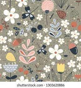 Seamless Pattern with Flowers, Branch, Leaves, Acorn and Forest Insects and Flies. Creative Floral Texture. Great for Fabric, Textile, Wallpaper. Vector Illustration