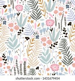 Seamless pattern with flowers, branch, leaves. Creative floral texture. Great for fabric, textile Vector Illustration