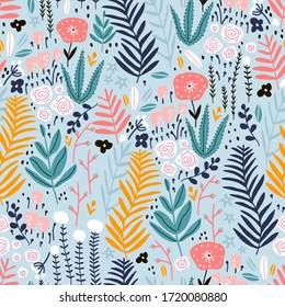 Seamless pattern with flowers, branch, leaves. Creative floral texture. Great for fabric, textile Vector Illustration