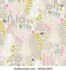 Patrón sin foco con flores, rama, hojas. Creativa textura floral pastel. Excelente para tela, vectores textiles Ilustración