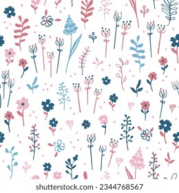Patrón sin foco con flores, rama, hojas y otros. Textura de fondo creativa para tela, envoltura, textil, papel pintado, prendas de fondo y otros. Plantas dibujadas a mano y flores silvestres