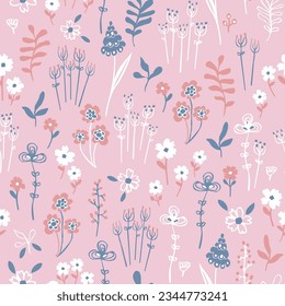 Seamless pattern with flowers, branch, leaves and others. Creative backdrop texture for fabric, wrapping, textile, wallpaper, background apparel and others. Doodle hand drawn plants and wildflowers