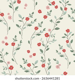 Seamless pattern with flowers. A branch with flowers and leaves. Surface design for gift paper, wallpaper, web page background, greeting cards, textile. Red flower