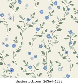 Seamless pattern with flowers. A branch with flowers and leaves. Surface design for gift paper, wallpaper, web page background, greeting cards, textile. Blue flower