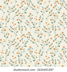 Seamless pattern with flowers. A branch with flowers and leaves. Surface design for gift paper, wallpaper, web page background, greeting cards, textile. Orange flower