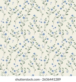 Seamless pattern with flowers. A branch with flowers and leaves. Surface design for gift paper, wallpaper, web page background, greeting cards, textile. Blue flower