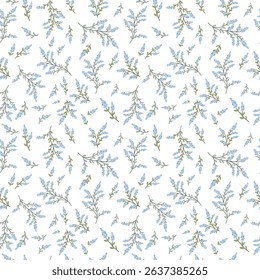 Seamless pattern with flowers. A branch with flowers and leaves. Surface design for gift paper, wallpaper, web page background, greeting cards, textile. Blue flower