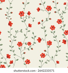 Seamless pattern with flowers. A branch with flowers and leaves. Surface design for gift paper, wallpaper, web page background, greeting cards, textile. Red flower	