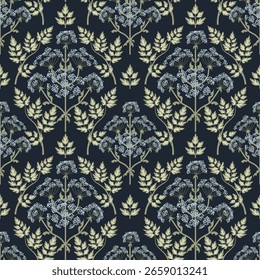 Patrón sin fisuras con flores. Una rama con flores y hojas. Diseño de la superficie para el papel del regalo, Fondo de pantalla, fondo de la página del Web, tarjetas de felicitación, materia textil. Flor azul, fondo negro 