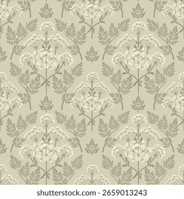 Patrón sin fisuras con flores. Una rama con flores y hojas. Diseño de la superficie para el papel del regalo, Fondo de pantalla, fondo de la página del Web, tarjetas de felicitación, materia textil. Flor blanca, fondo beige 