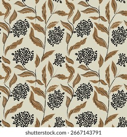 Patrón sin fisuras con flores. Una rama con flores y hojas. Diseño de la superficie para el papel del regalo, Fondo de pantalla, fondo de la página del Web, tarjetas de felicitación, materia textil. Flor negra. Minimalista, vintage
