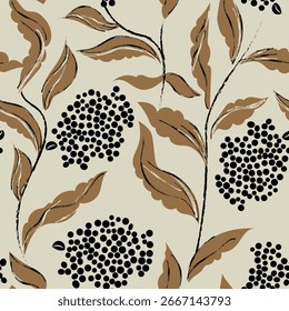 Nahtloses Muster mit Blumen. Ein Zweig mit Blumen und Blättern. Oberflächendesign für Geschenkpapier, Tapete, Webseiten-Hintergrund, Grußkarten, Textil. Schwarze Blume. Minimalistisch, vintage