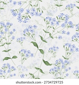 Seamless pattern with flowers. A branch with flowers and leaves. Surface design for gift paper, wallpaper, web page background, greeting cards, textile. Blue
