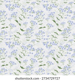 Seamless pattern with flowers. A branch with flowers and leaves. Surface design for gift paper, wallpaper, web page background, greeting cards, textile. Blue