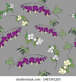 Seamless pattern of flowers and branches with berries. Dicenter and Symphoricarpos on a gray background.