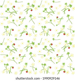 Seamless pattern of flowers, branches and berries of wild strawberries on a white background. Floral vector print.