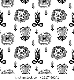 Seamless pattern of flowers and branches in doodle style. Simple Linear cute plants isolated on white background.
For wrappers, background, wallpaper, fabric
