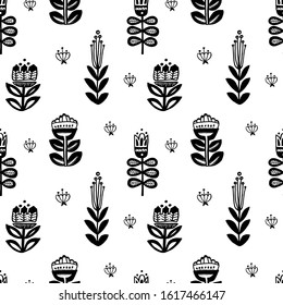 Seamless pattern of flowers and branches in doodle style. Simple Linear cute plants isolated on white background.
For wrappers, background, wallpaper, fabric
