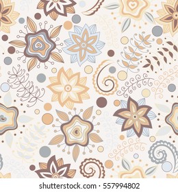 Seamless pattern with flowers and branches. Endless floral pattern, hand-drawn elements on light background, vector. All elements are not cropped and hidden under mask 