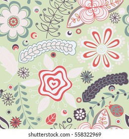 Seamless pattern with flowers and branches. Endless floral pattern, hand-drawn elements on green background, vector. All elements are not cropped and hidden under mask 