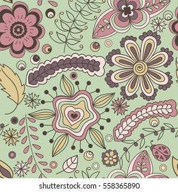 Seamless pattern with flowers and branches. Endless floral pattern, hand-drawn elements on green background, vector. All elements are not cropped and hidden under mask 