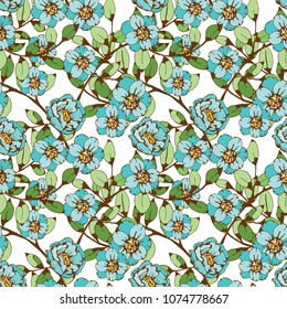 Seamless pattern with flowers, branches.  Floral background texture. Summer print. Fabric design