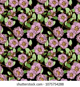Seamless pattern with flowers, branches.  Floral background texture. Summer print. Fabric design