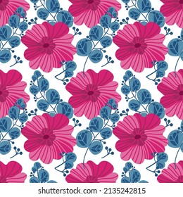 A seamless pattern of flowers and branches. Hand-drawn doodle-style elements. Cute, fantastic roses on a white background. Magical plants. Suitable for textiles, wallpaper and packaging. 